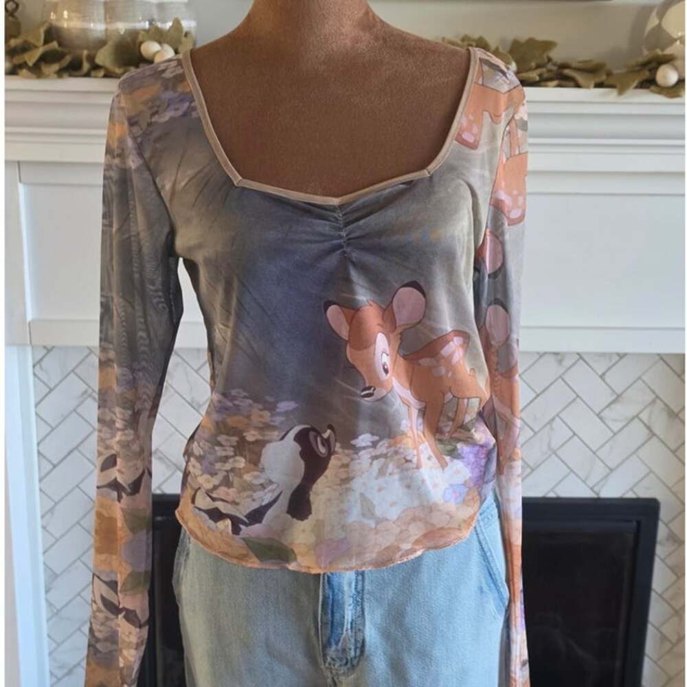 Vintage Disney Bambi & Friends Sheer Mesh Long Sleeve Top Y2K Graphic Shirt